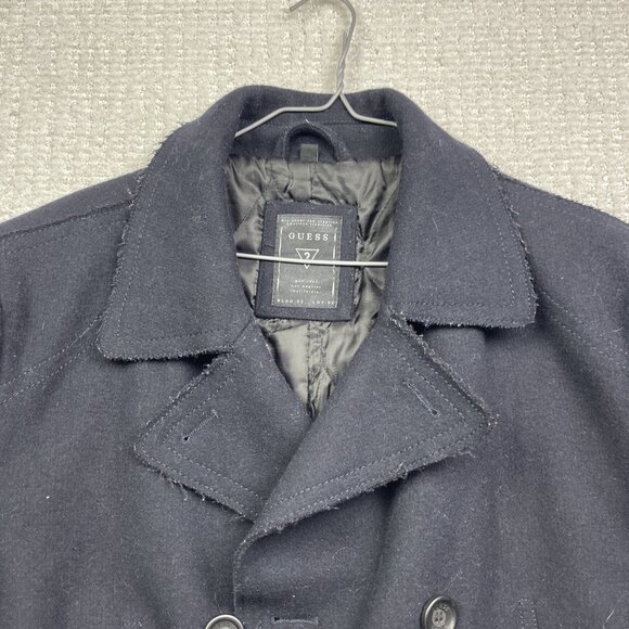 Guess Men’s XL Double Breasted Pea Coat Button-Up Black/Blue Reverse Stiches *** - Picture 2 of 16